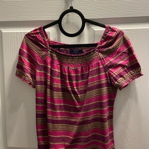 Chaps Pink and Green Striped Short Sleeve Top